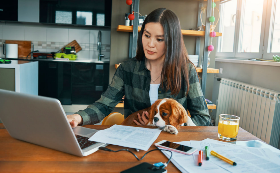 woman works from home with dog